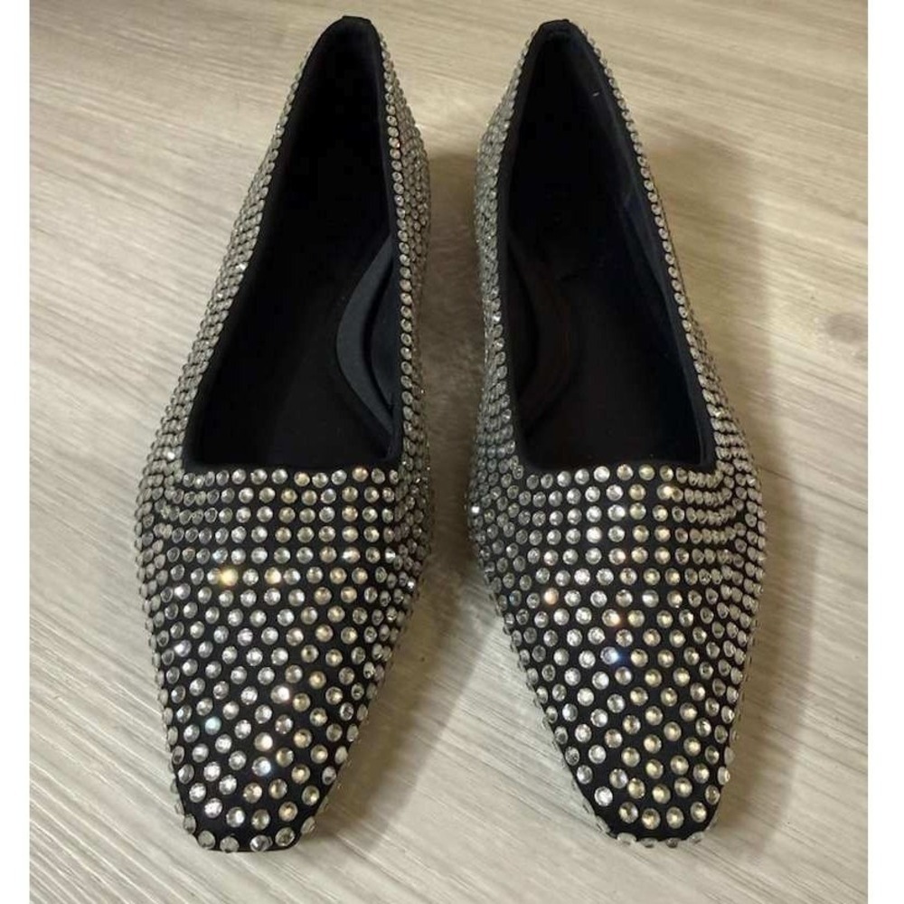 ZARA Studded Ballet Flats Womens US 7 Black Rhinestone Slip On Shoes - Picture 8 of 11
